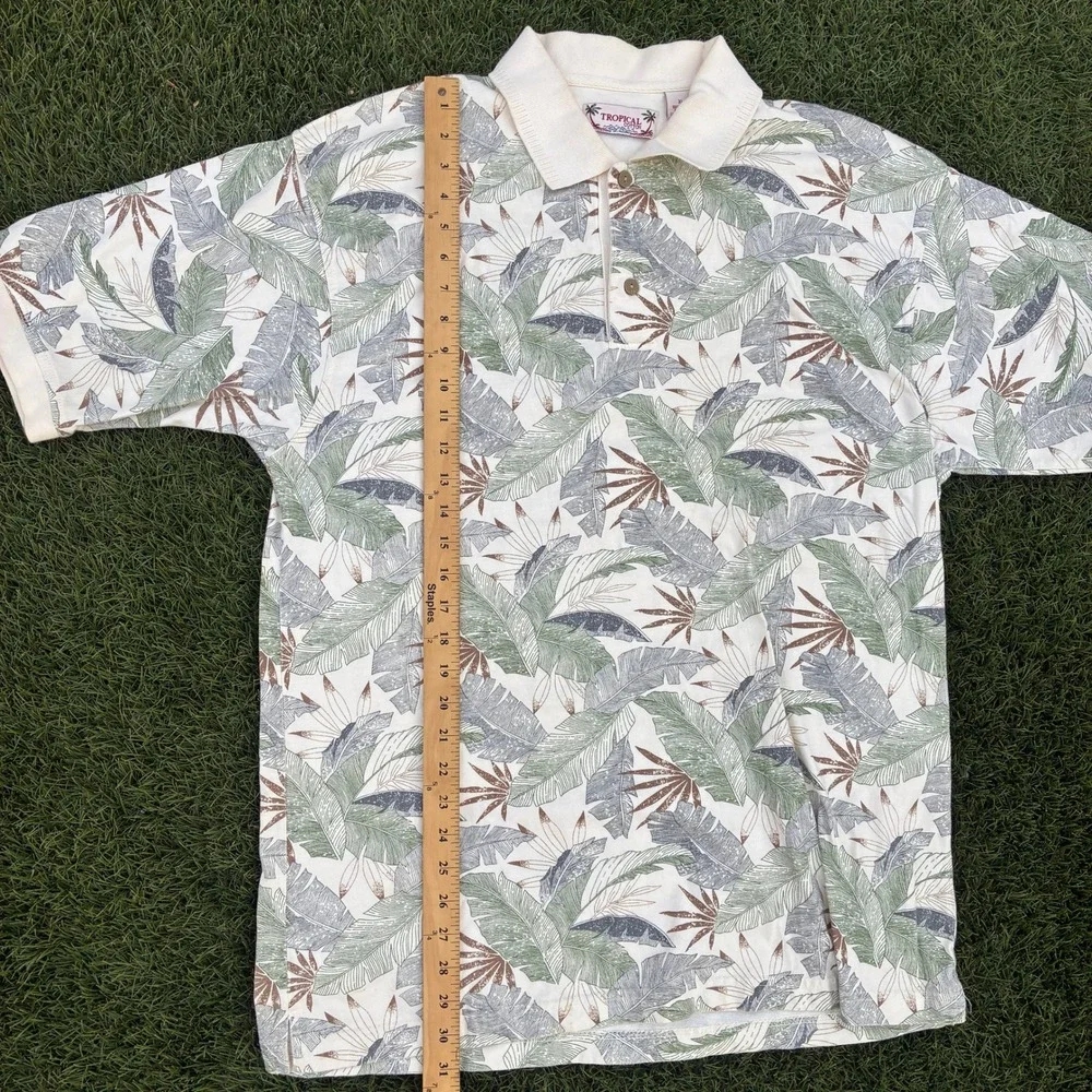 Tropical Cotton Mens XL Polo Shirt Botanical Leaf Print Short Sleeve Off White